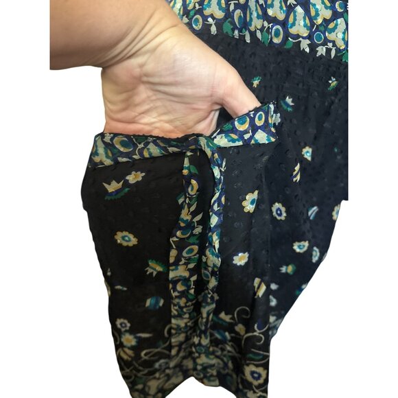 Anna Sui Womens Sheer Wrap Dress Size 4 Black With Floral Accents Short Sleeves - Picture 4 of 5